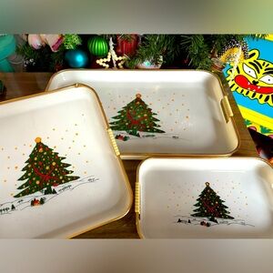 Vintage Christmas Tree Lacquer Ware Tray Set of 3 Japan